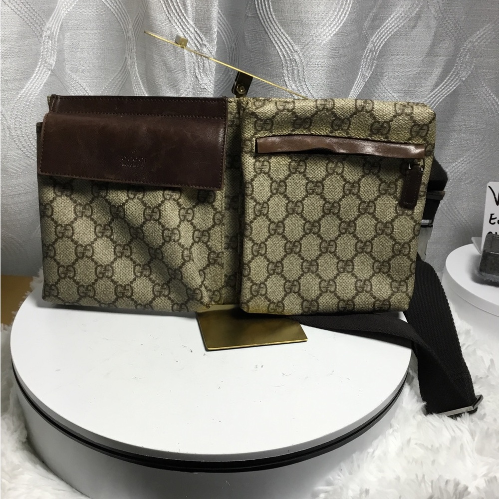 Gucci GG Beige Monogram Double Pocket Belt Bag with Brown Leather Trim